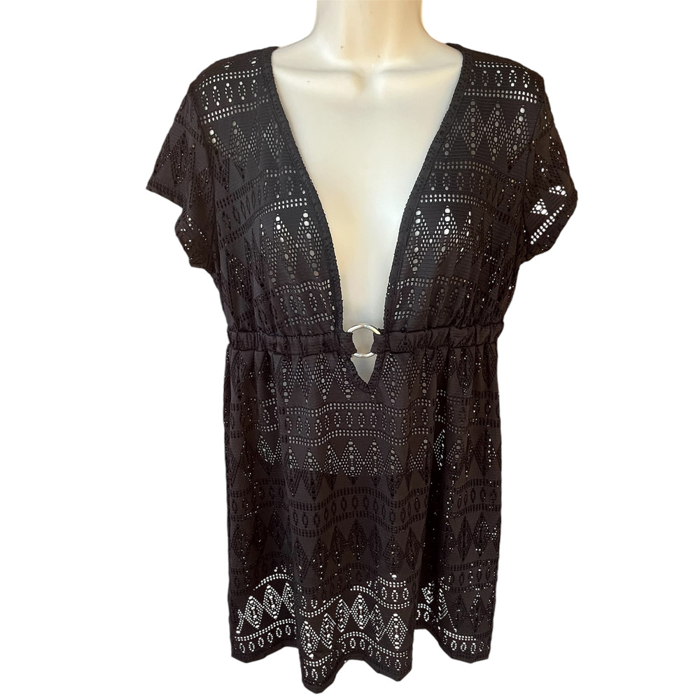 Tropical Escape Swim Cover Up Swimwear Coverup V Neck Tribal Womens M Black